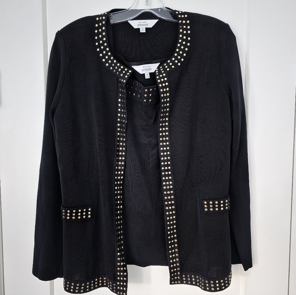 2-piece Misook Studded Jacket Matching Tank Set Black And Gold